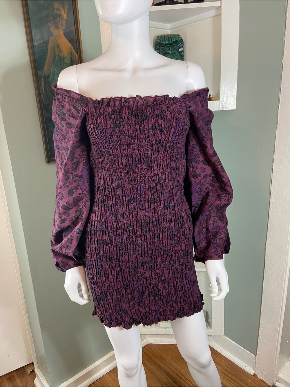 Free People Smock It Too Me Smocked Mini Dress Balloon Sleeves Bodycon Small S - Picture 5 of 14